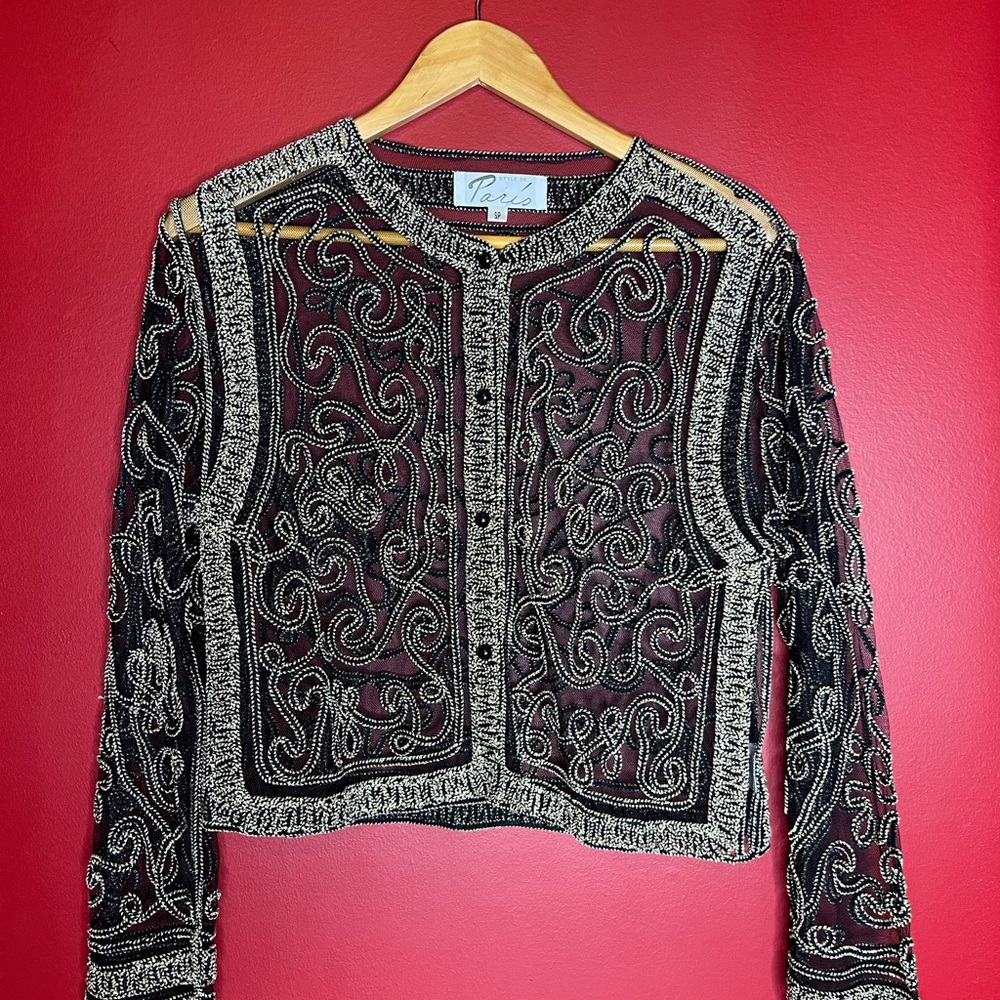 Vintage Black and Gold cropped button down mesh top.